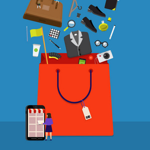 商業概念手機購物在線電子商務。目前由商家咨詢屏幕。矢量插圖