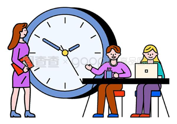 商務(wù)咨詢?nèi)藛T和與筆記本電腦的交流。工作時間、工作時間的男女。使用筆記本電腦的工人字符接近時鐘符號,專業(yè)團隊合作向量。與筆記本電腦合作的商務(wù)咨詢