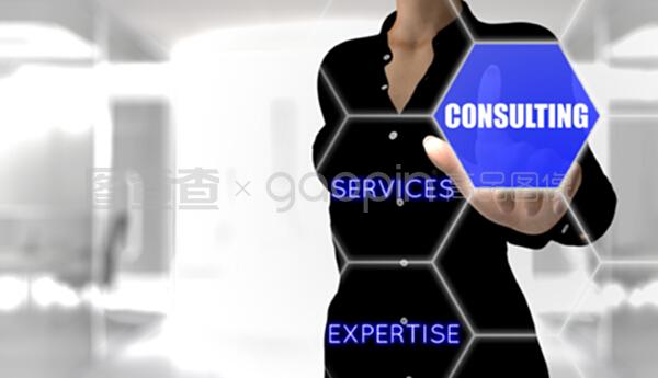 女商人觸摸咨詢(xún)按鈕.3d渲染